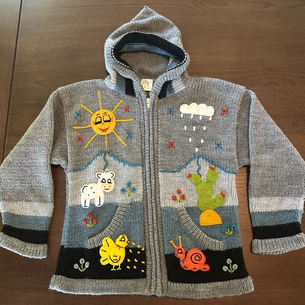 Peruvian Wool Children’s Jacket, Sweater, Gray, Embroidery, Artsy, Vintage, 8